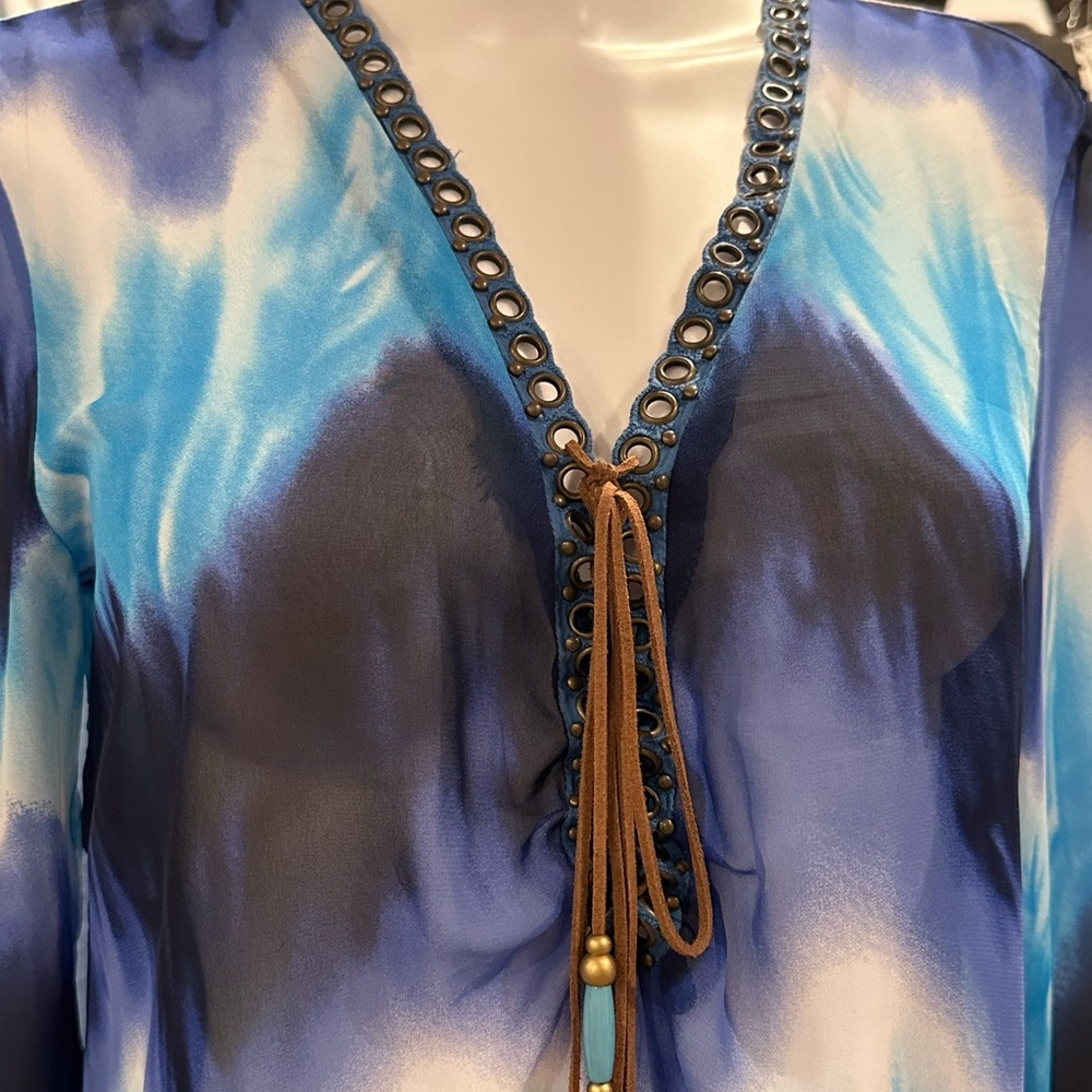 Made in France Ombré Western V Neck Top With Leather Lace up Tassel Ties